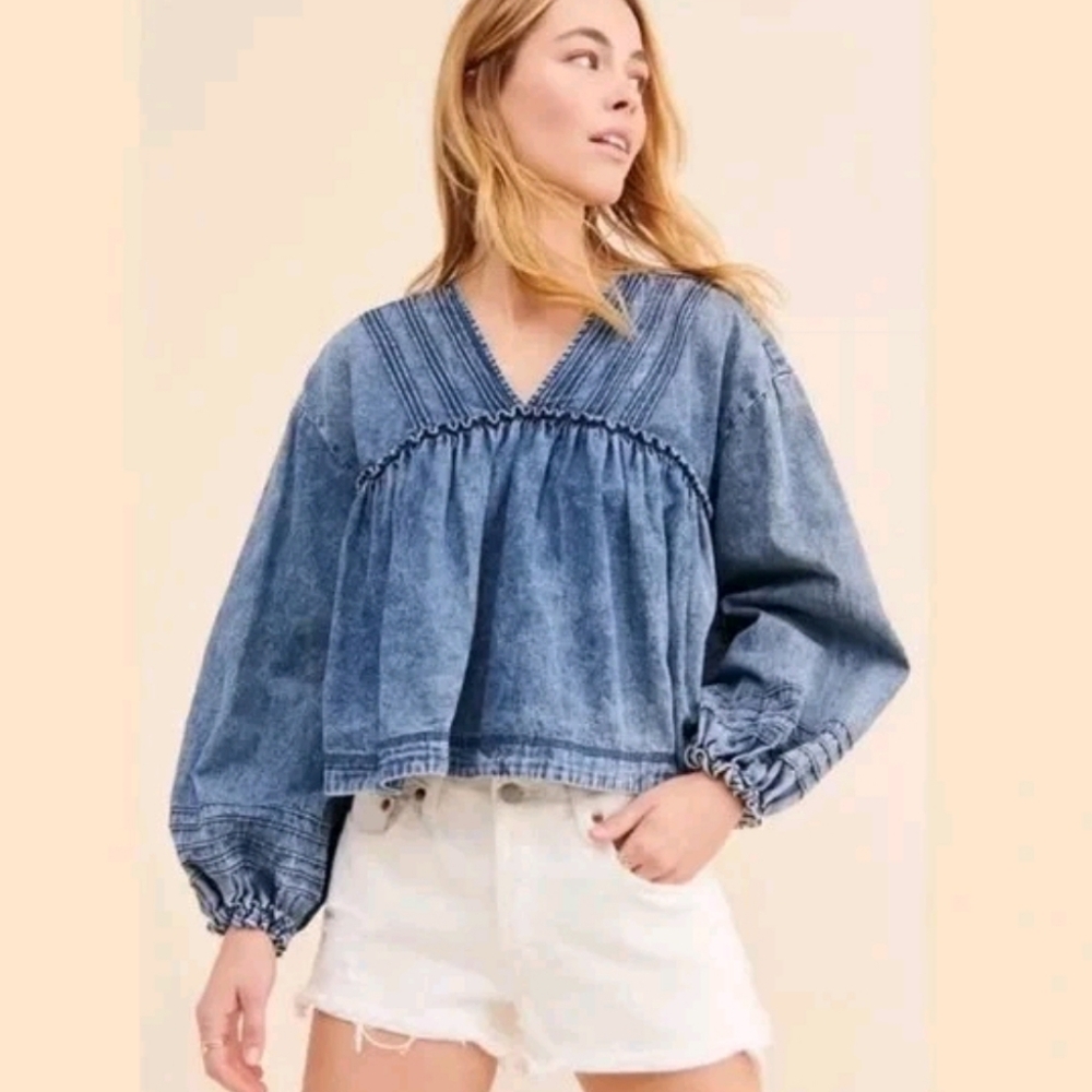 Free People Denim Blue Smocked V-Neck Peasant Blouse - Picture 3 of 8